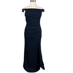 Adrianna Papell Women's Formal Dress Size 16 Blue Beaded Off the Shoulder Gown